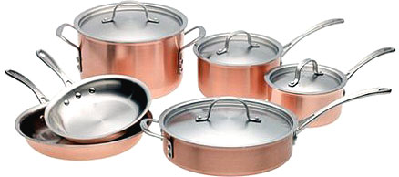 Copper cookware set consisting of different pots and pans