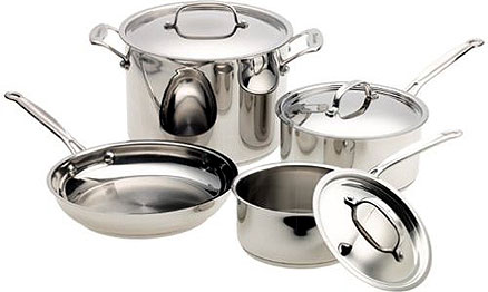 Stainless steel cookware set consisting of different pots and pans