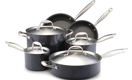 Titanium cookware set consisting of different pots and pans