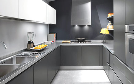 Grey laminate kitchen cabinets in a modern kitchen