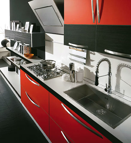 Red kitchen cabinets, white countertops and black floor
