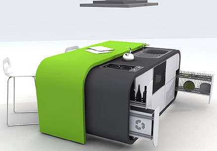 Modular kitchen design idea - the unit combines many important kitchen accessories like the sink, stove, cooktops, fridge, dishwasher, dish rack, bottle rack, rubbish bin and drawers for storage. The green surface serves as a table