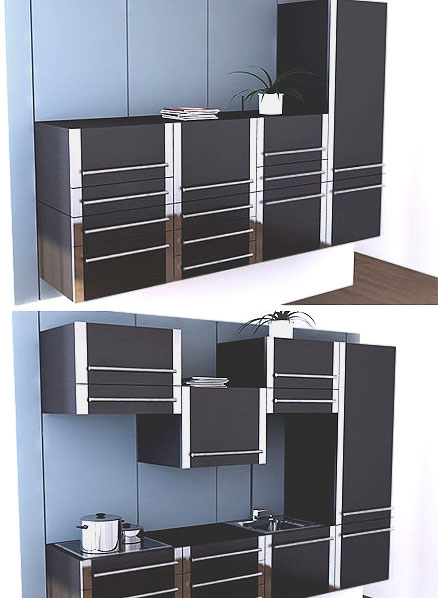 Modular kitchen cabinets - a dynamic system that can be adjusted to the user’s needs, with each individual unit sliding up and down on wall tracks to create a variety of configurations
