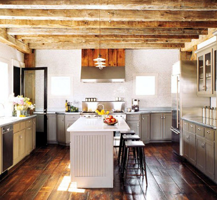Mix salvaged beams, textured wood floors with modern lighting and appliances
