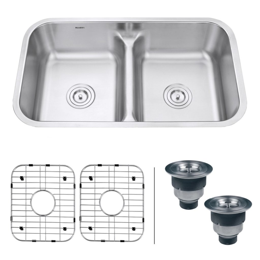 Ruvati 32-inch Low-Divide 50/50 Double Bowl Undermount 16 Gauge Stainless Steel Kitchen Sink