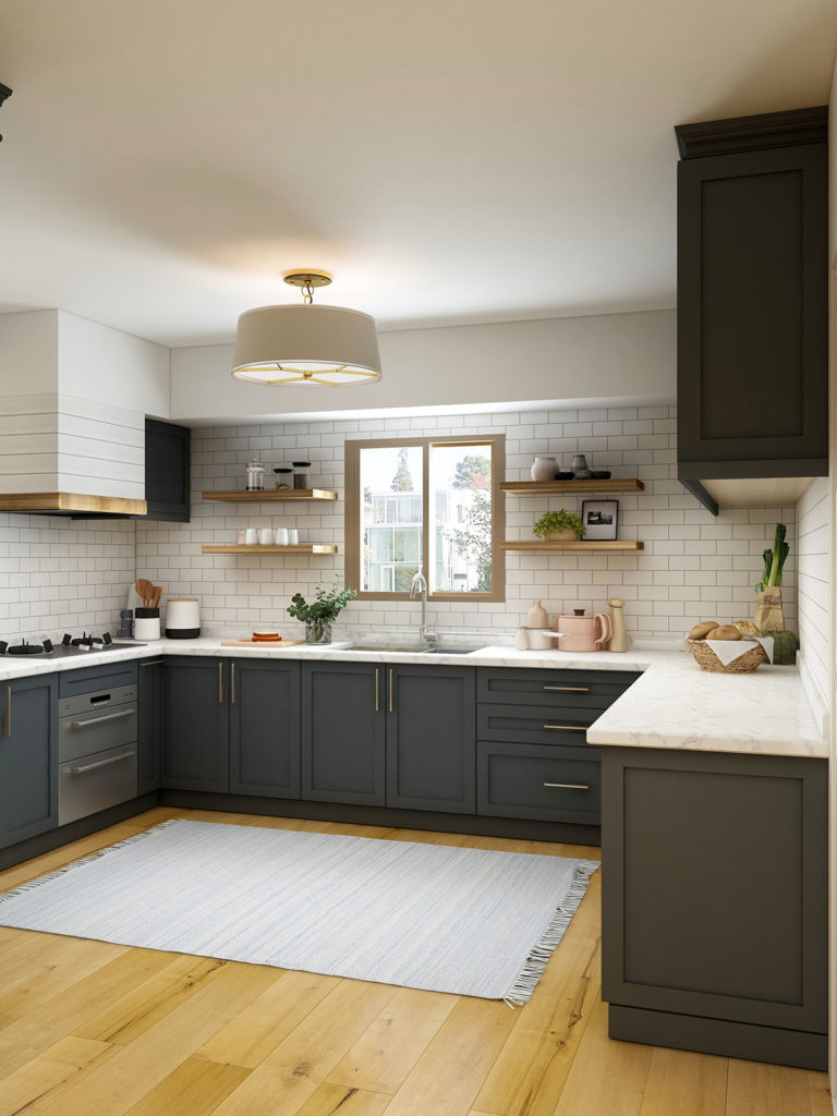 A large kitchen with white and brown kitchen cabinets.