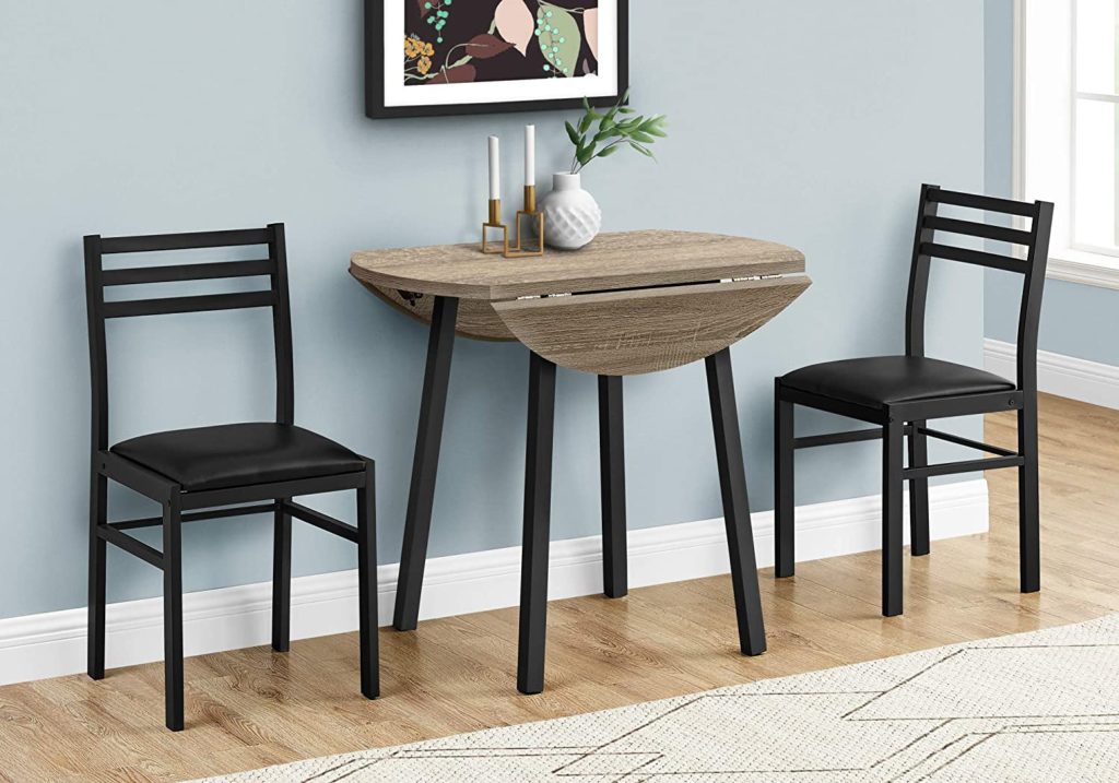 Monarch Specialties Round Drop-Leaf Table and 2 Chairs for Small Spaces