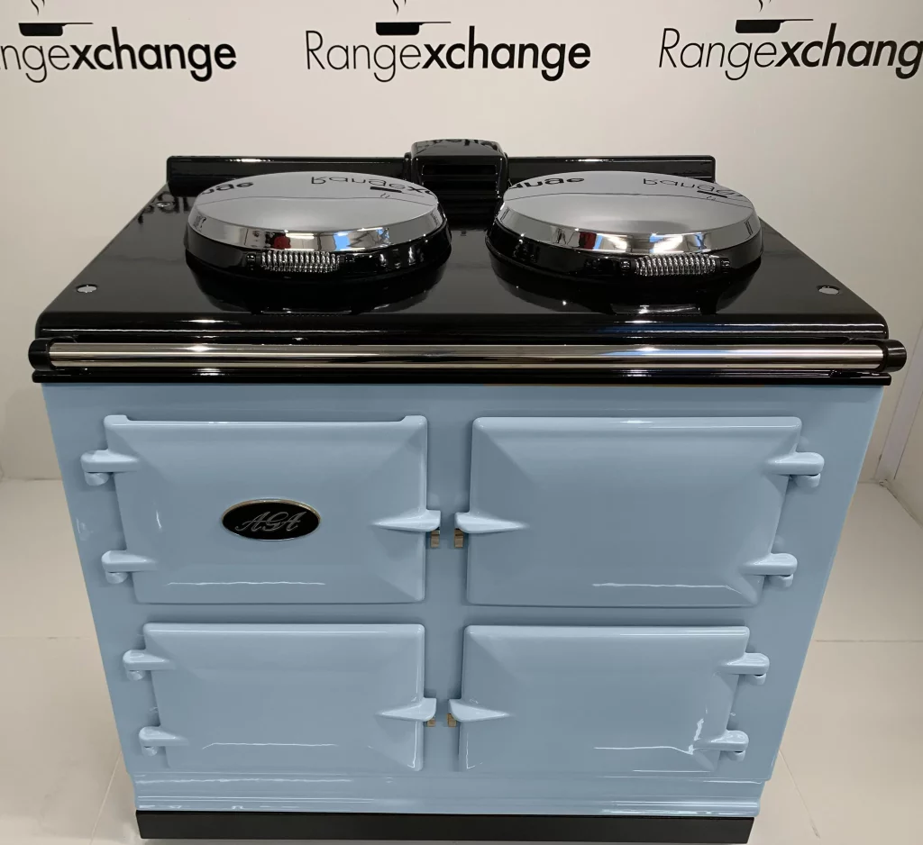 Reconditioned 3 oven Dual Control Electric Aga cooker in Duck Egg Blue
