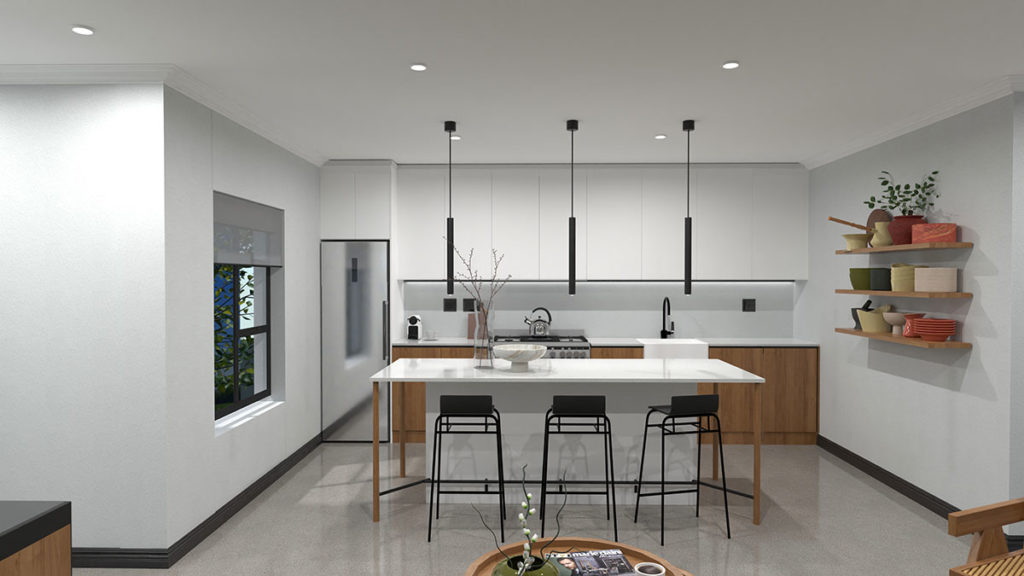 A contemporary kitchen - clean lines, white walls, cabinets and countertops. Interesting black pendant lights over the table as well.