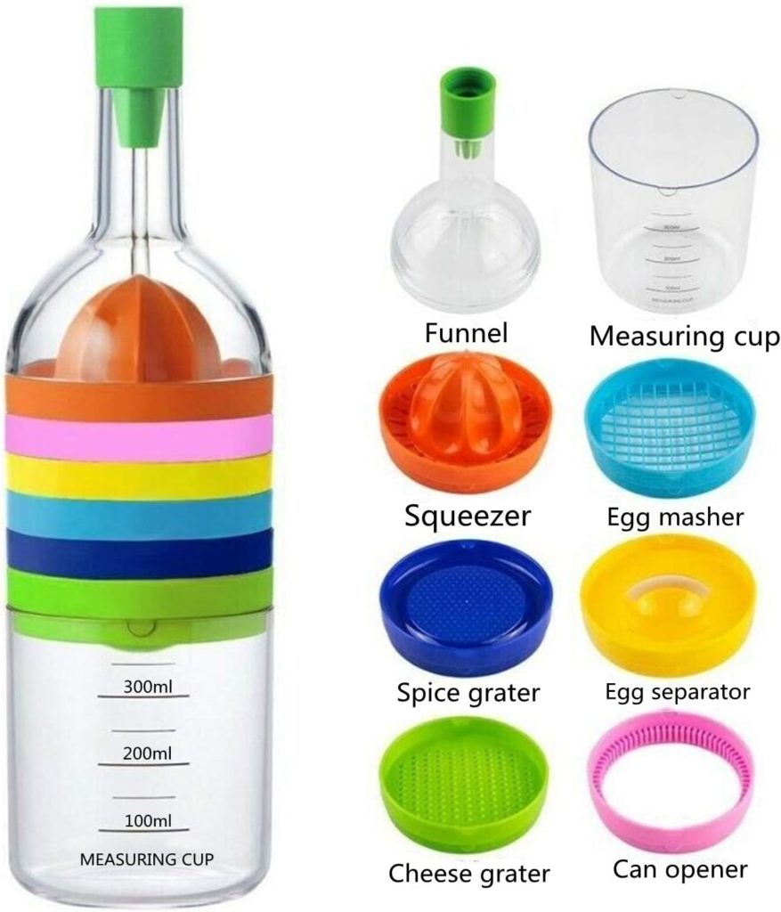 A BUTEFO 8-in-1 Kitchen Tool having 8 different utilities like a funnel, a juicer, a greater, an egg cracker, a shredder, a can opener, an egg separator, and a measuring cup packed or stacked in a bottle.