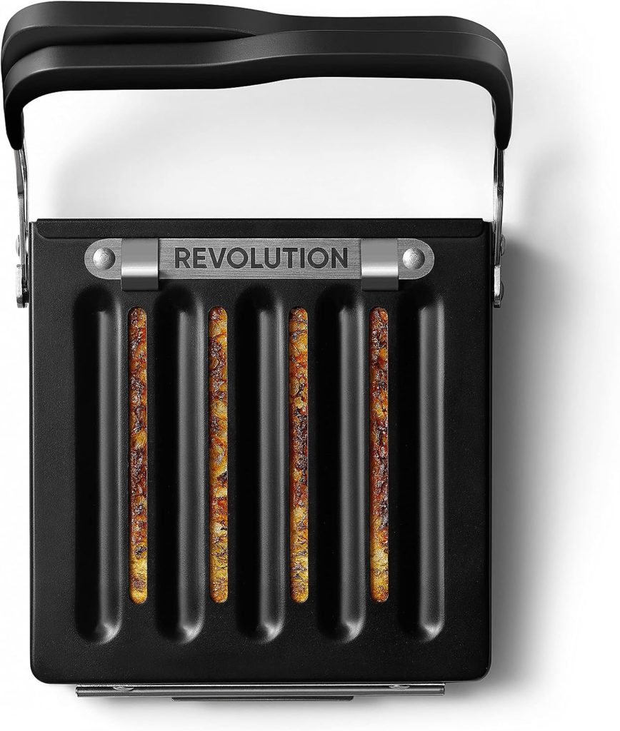 A black Revolution Toastie Press having stainless steel arms and a silicone rubber for safe and secure handling.