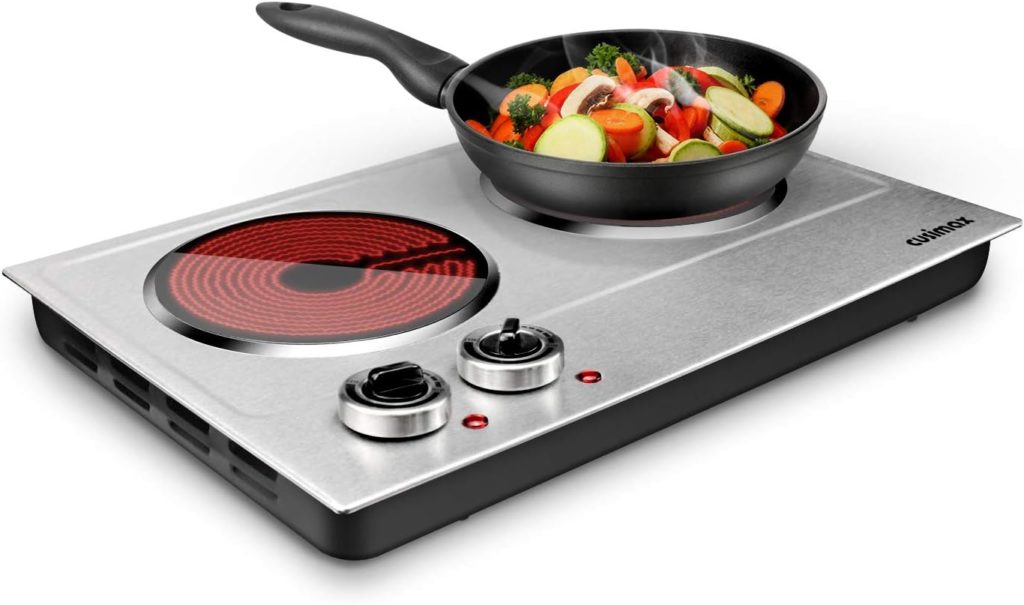 CUSIMAX 1800W ceramic electric hot plate for cooking. Dual control infrared cooktop, double burner, portable countertop burner, glass plate electric cooktop, silver, stainless steel-upgraded version.