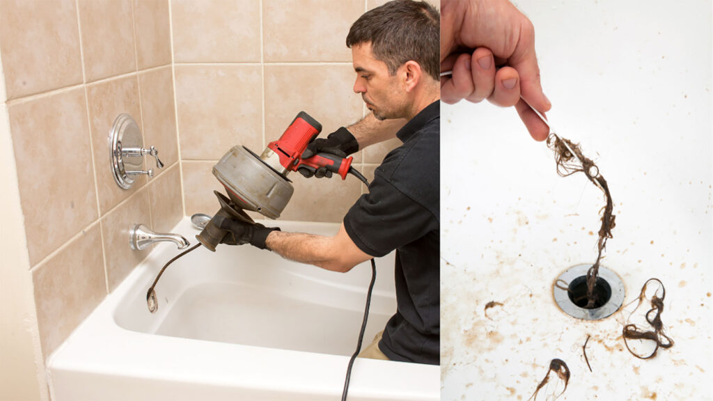 A man working with a plumber’s snake.