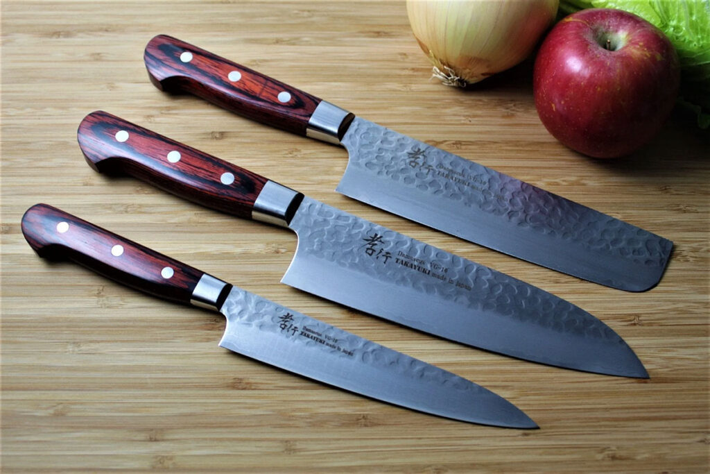 Sakai Takayuki Japanese knife set Damascus 33 Layer Petty knife 150mm (5.9") Santoku knife 180mm (7.1") Nakiri knife 160mm (6.3")