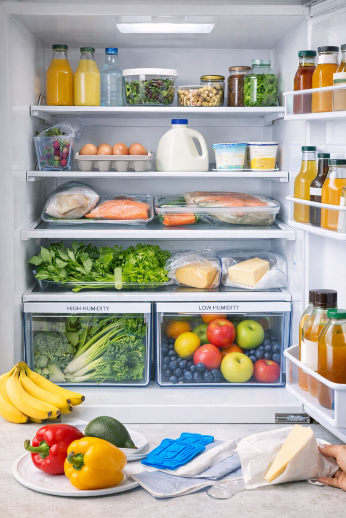 A refrigerator with well-organized food products.