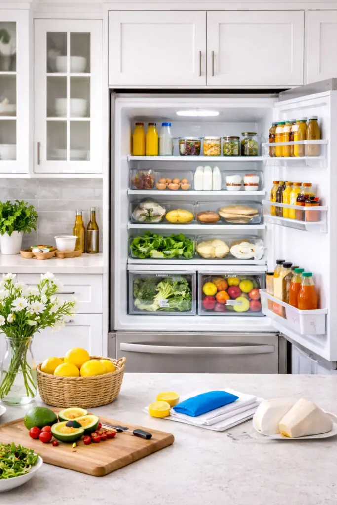 A refrigerator with well-organized food products.